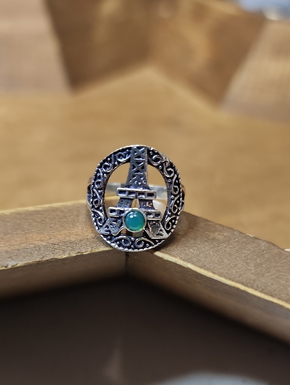 Eiffel Tower Circle Ring with Green Stone